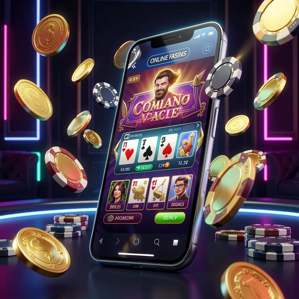 Banner utama aplikasi seluler kasino online OYO777 yang menampilkan ponsel pintar modern dengan antarmuka kasino bercahaya, koin emas dan cip poker beterbangan di sekelilingnya dengan latar belakang gelap mewah beraksen neon