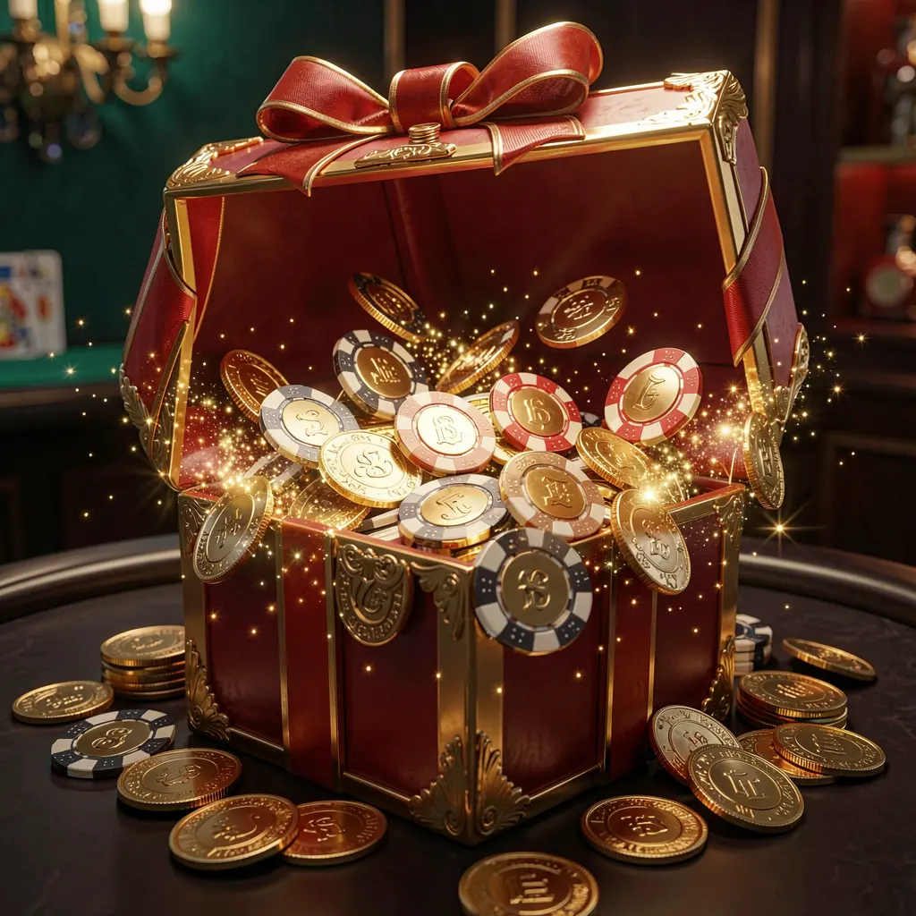 Konsep bonus kasino OYO777 tanpa deposit dengan kotak hadiah bercahaya yang berisi cip kasino gratis dan koin emas, dikelilingi efek kilau ajaib pada latar belakang gelap mewah yang menciptakan suasana hadiah yang menarik