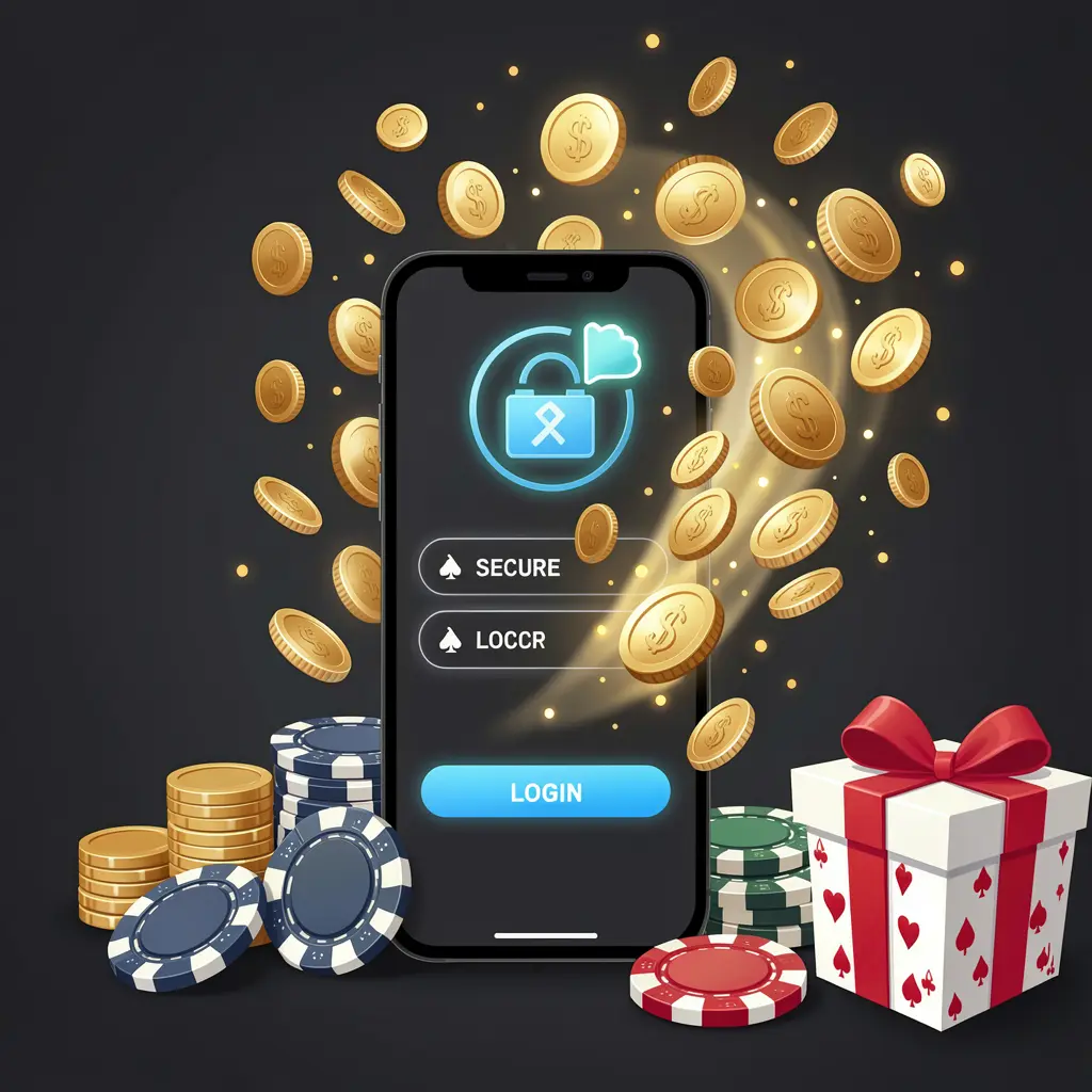 Ilustrasi masuk pengguna kasino OYO777 yang menampilkan ponsel dengan ikon akses aman, koin emas berhamburan dari layar, cip poker dan kotak hadiah di dekatnya pada latar belakang premium gelap