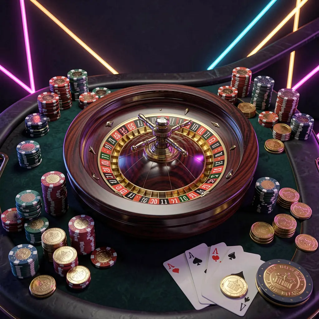 Banner utama beranda kasino online OYO777 yang menampilkan meja kasino mewah dengan roda rolet, cip poker, kartu remi, dan koin emas dengan latar belakang premium gelap berpijar neon dalam render 3D sinematik